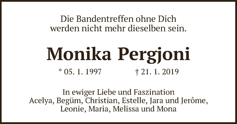  Traueranzeige für Monika Pergjoni vom 31.01.2019 aus WESER-KURIER