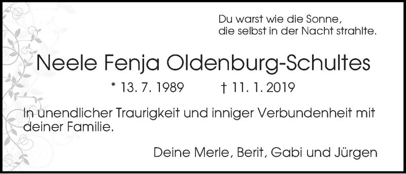  Traueranzeige für Neele Fenja Oldenburg-Schultes vom 19.01.2019 aus WESER-KURIER