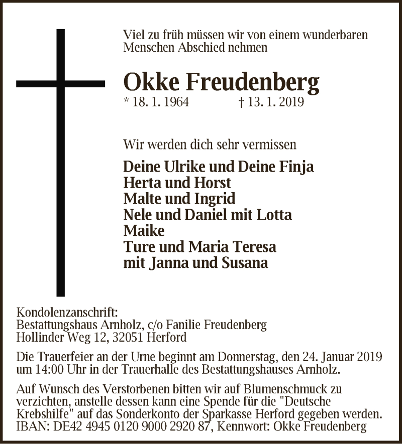  Traueranzeige für Okke Freudenberg vom 19.01.2019 aus WESER-KURIER