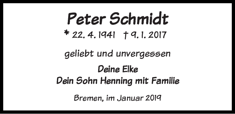 Traueranzeige von Peter Schmidt von WESER-KURIER