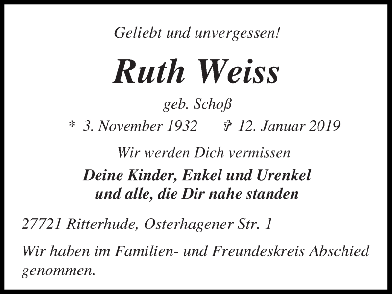  Traueranzeige für Ruth Weiss vom 23.01.2019 aus Osterholzer Kreisblatt