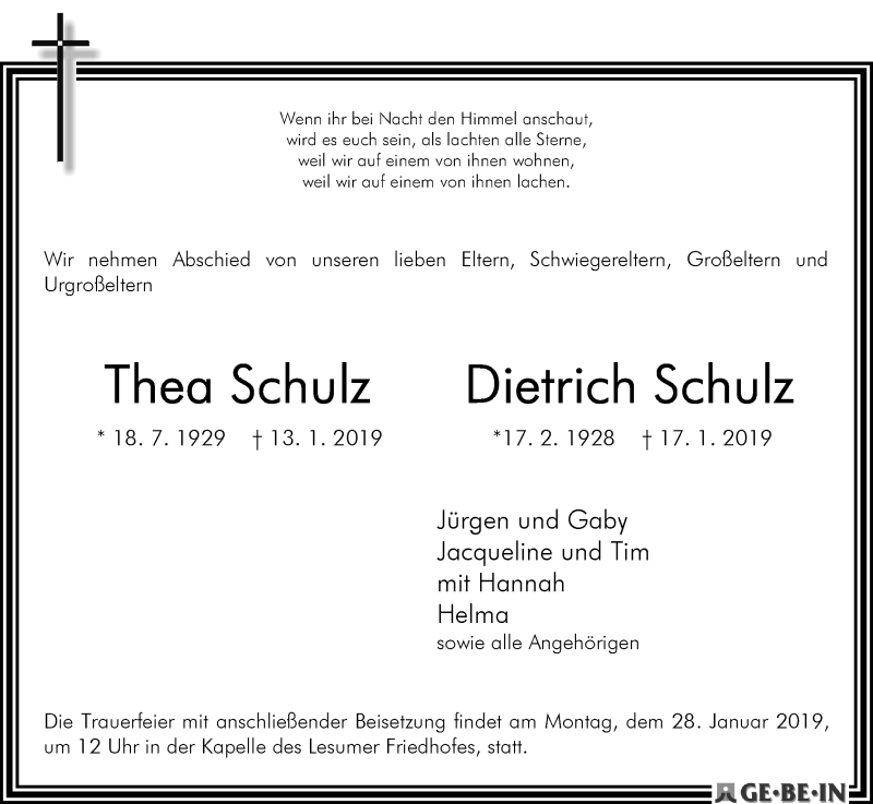 Traueranzeige von Thea und Dietrich Schulz von Die Norddeutsche