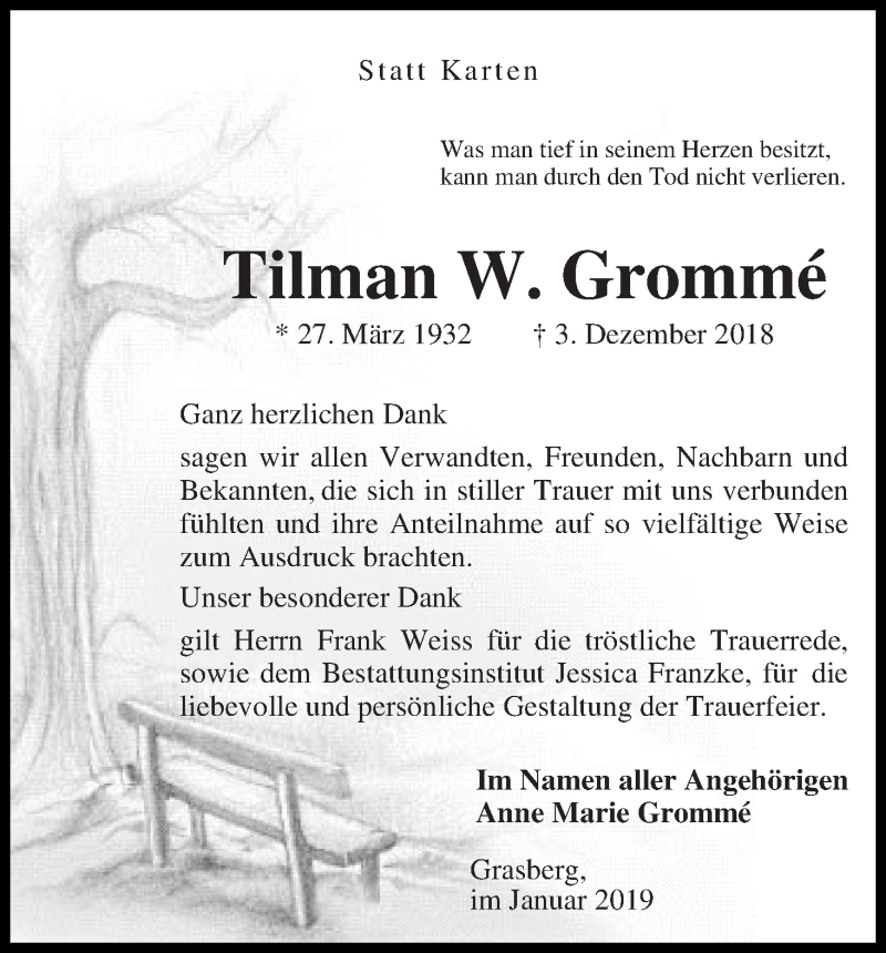 Traueranzeige von Tilman W. Grommé von Wuemme Zeitung