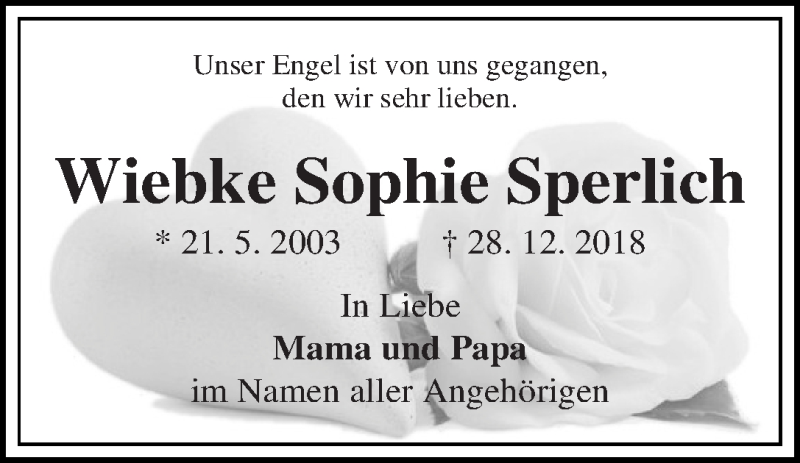  Traueranzeige für Wiebke Sophie Sperlich vom 05.01.2019 aus WESER-KURIER