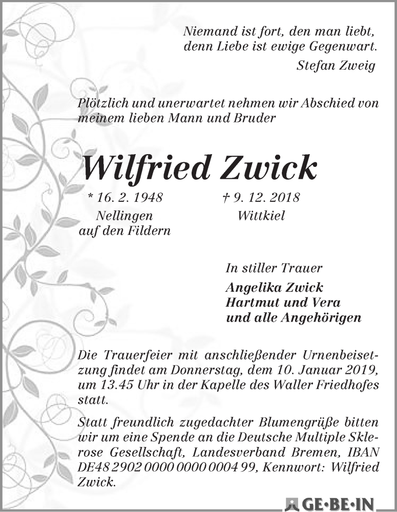  Traueranzeige für Wilfried Zwick vom 05.01.2019 aus WESER-KURIER