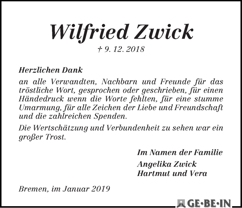  Traueranzeige für Wilfried Zwick vom 26.01.2019 aus WESER-KURIER
