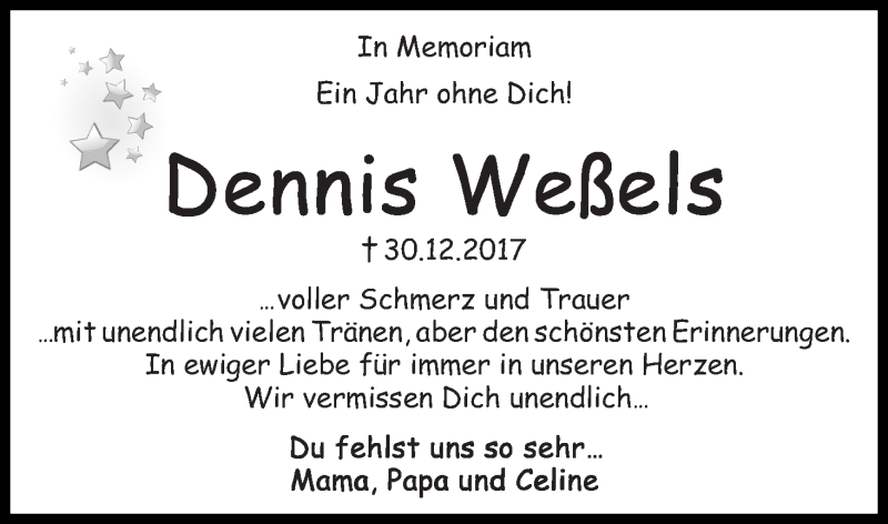  Traueranzeige für Dennis Weßels vom 30.12.2018 aus WESER-KURIER