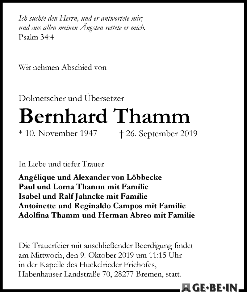 Traueranzeige für Bernhard Thamm vom 05.10.2019 aus WESER-KURIER