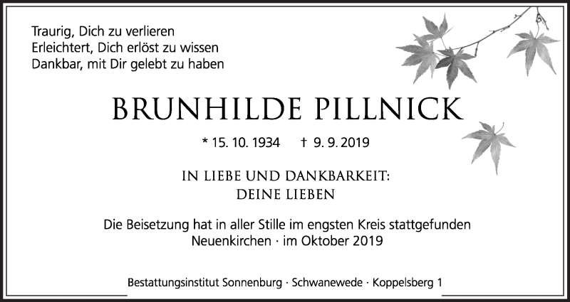 Traueranzeige von Brunhilde Pillnick von Die Norddeutsche