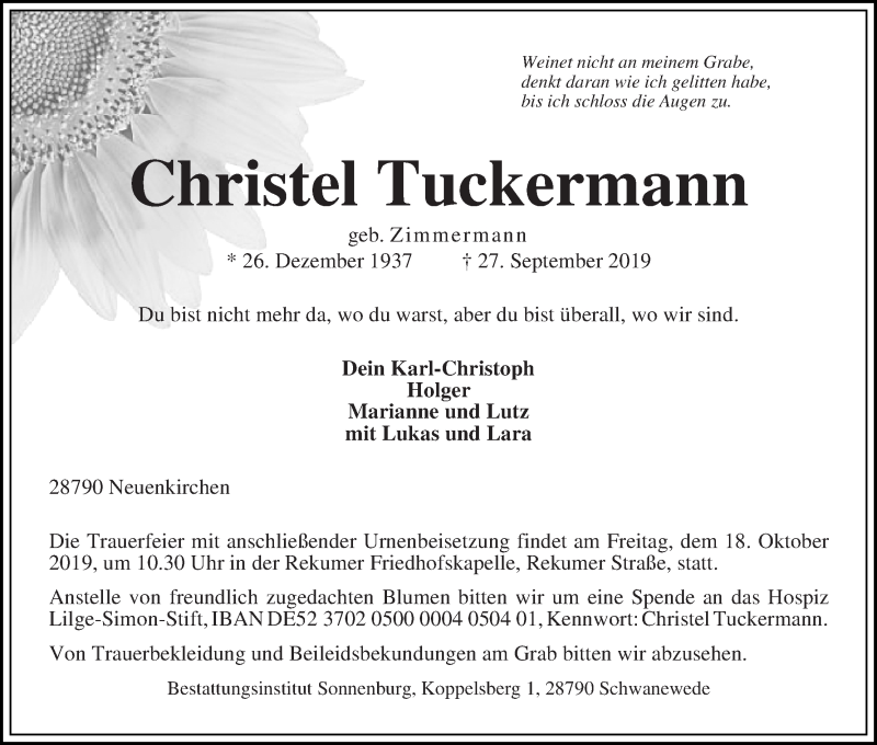 Traueranzeige von Christel Tuckermann von Die Norddeutsche