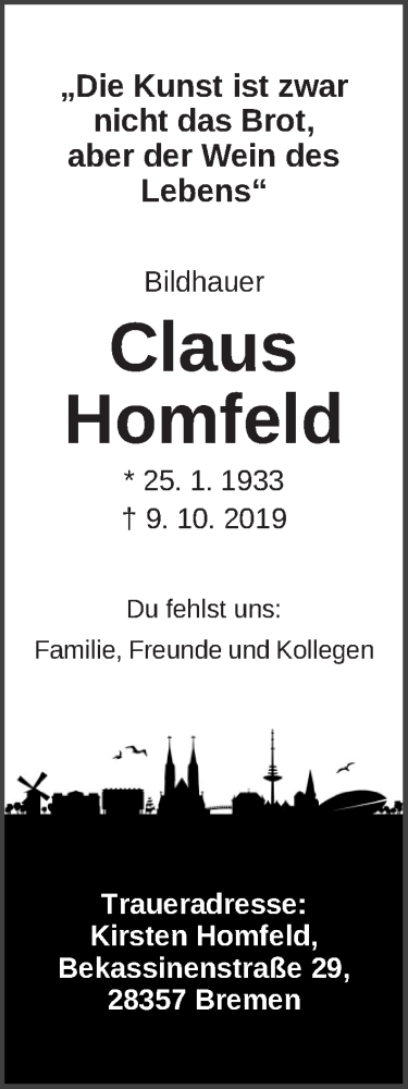  Traueranzeige für Claus Homfeld vom 16.10.2019 aus WESER-KURIER