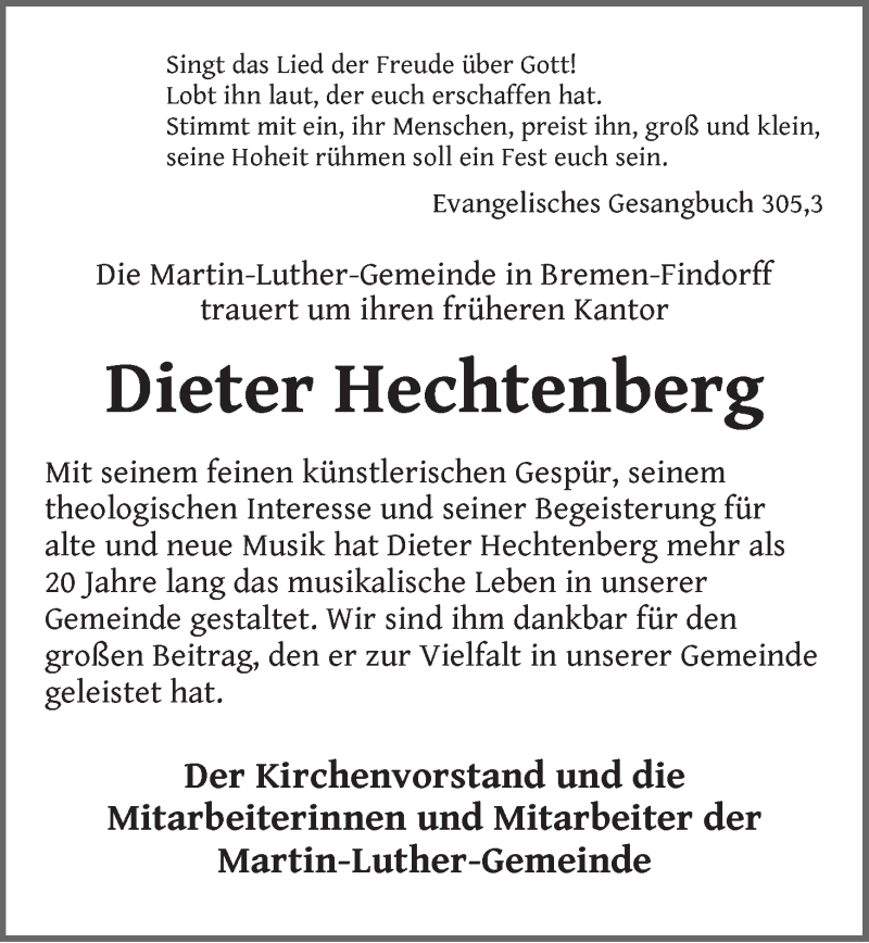  Traueranzeige für Dieter Hechtenberg vom 05.10.2019 aus WESER-KURIER