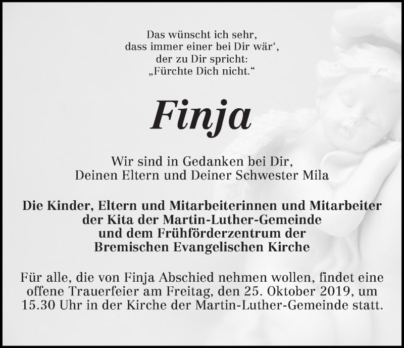  Traueranzeige für Finja Schnelte vom 19.10.2019 aus WESER-KURIER