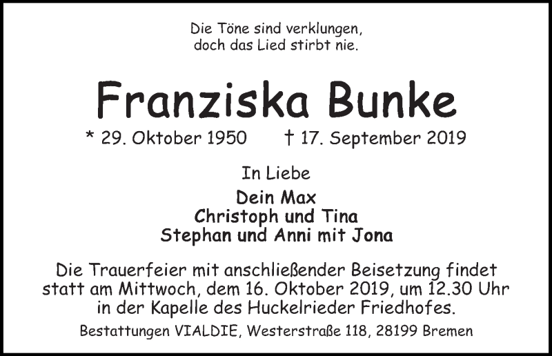  Traueranzeige für Franziska Bunke vom 05.10.2019 aus WESER-KURIER