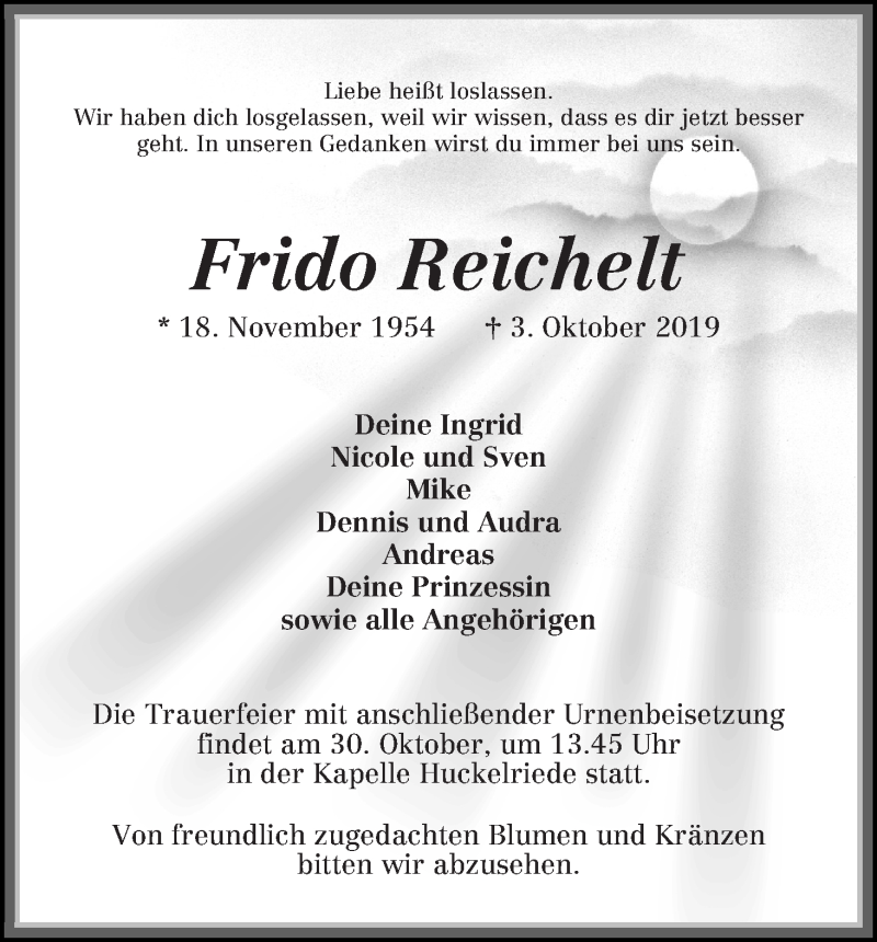  Traueranzeige für Frido Reichelt vom 12.10.2019 aus WESER-KURIER