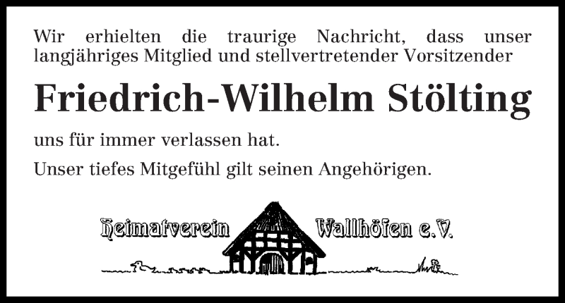 Traueranzeige von Friedich-Wilhelm Stölting von Osterholzer Kreisblatt