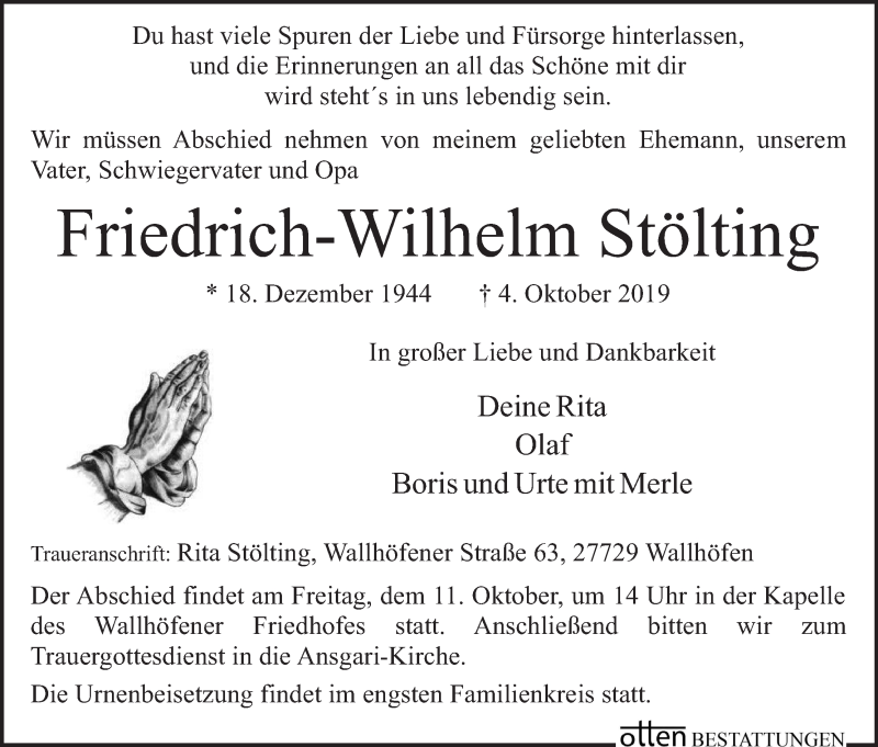 Traueranzeige von Friedich-Wilhelm Stölting von Osterholzer Kreisblatt