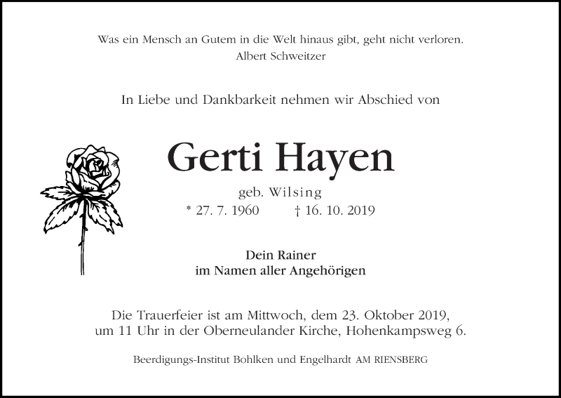  Traueranzeige für Gerti Hayen vom 19.10.2019 aus WESER-KURIER