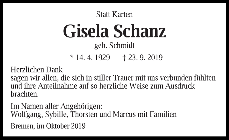  Traueranzeige für Gisela Schanz vom 19.10.2019 aus Die Norddeutsche