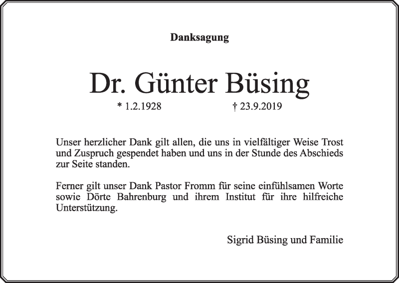 Traueranzeige für Günter Büsing vom 26.10.2019 aus Wuemme Zeitung