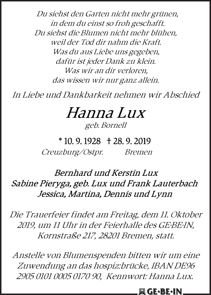  Traueranzeige für Hanna Lux vom 05.10.2019 aus WESER-KURIER