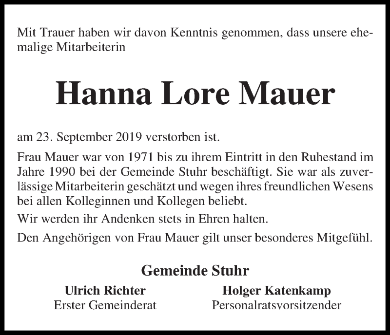  Traueranzeige für Hanna Lore Mauer vom 04.10.2019 aus Regionale Rundschau/Syker Kurier