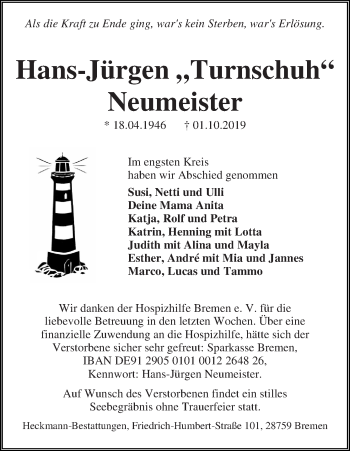 Traueranzeige von Hans-Jürgen Neumeister