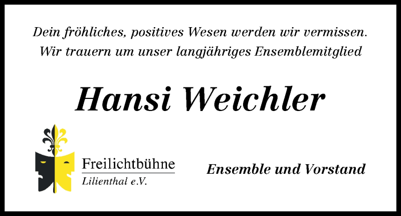  Traueranzeige für Hansi Weichler vom 18.10.2019 aus Wuemme Zeitung