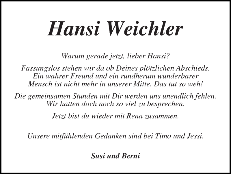  Traueranzeige für Hansi Weichler vom 17.10.2019 aus Wuemme Zeitung