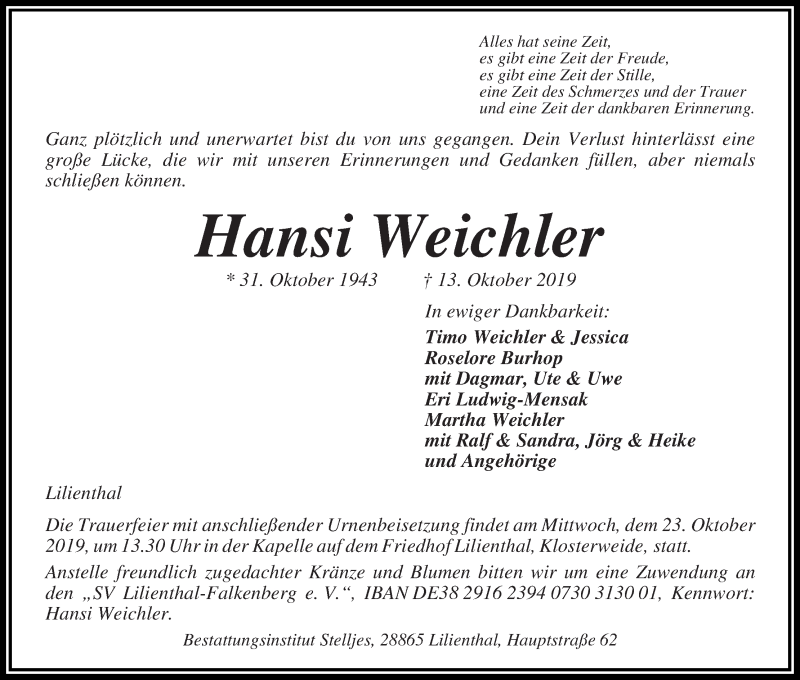  Traueranzeige für Hansi Weichler vom 17.10.2019 aus Wuemme Zeitung