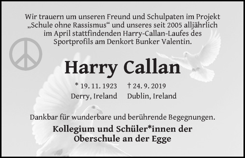  Traueranzeige für Harry Callan vom 01.10.2019 aus WESER-KURIER