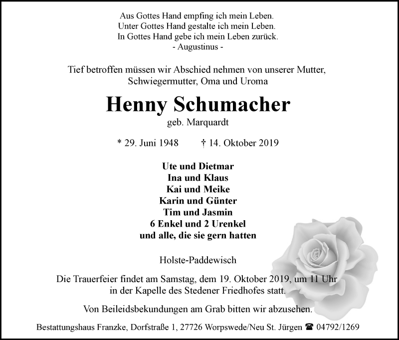  Traueranzeige für Henny Schumacher vom 17.10.2019 aus Osterholzer Kreisblatt