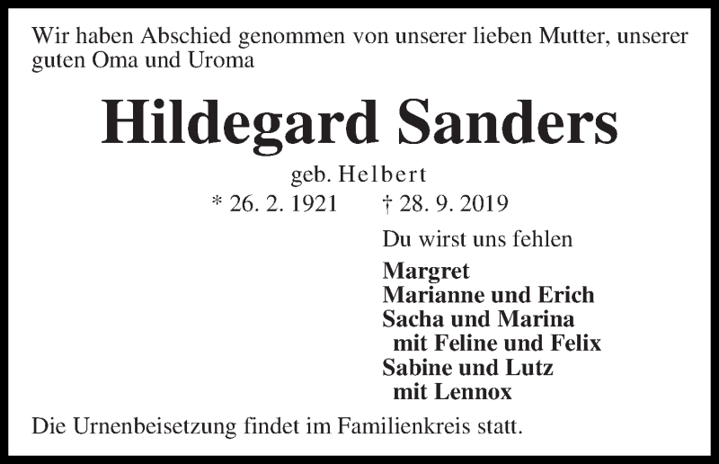 Traueranzeige für Hildegard Sanders vom 05.10.2019 aus WESER-KURIER