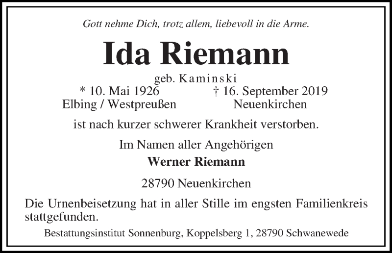 Traueranzeige von Ida Riemann von Die Norddeutsche