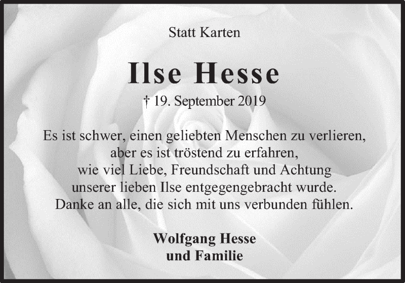  Traueranzeige für Ilse Hesse vom 26.10.2019 aus Regionale Rundschau/Syker Kurier