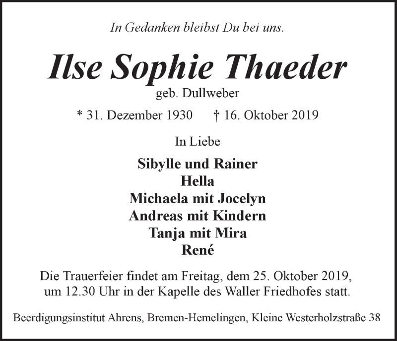  Traueranzeige für Ilse Sophie Thaeder vom 19.10.2019 aus WESER-KURIER