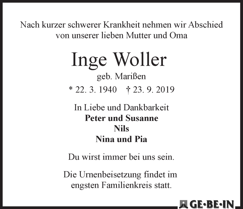  Traueranzeige für Inge Woller vom 05.10.2019 aus WESER-KURIER