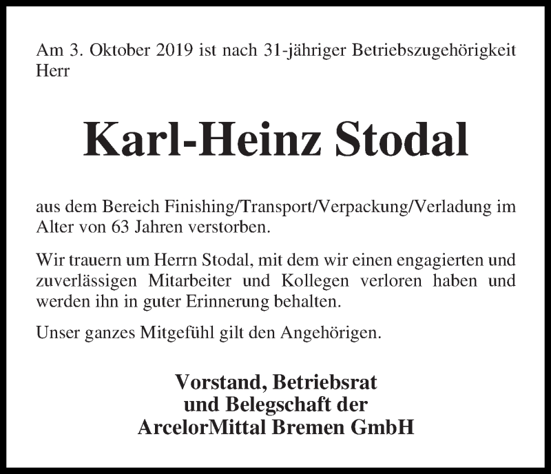  Traueranzeige für Karl-Heinz Stodal vom 12.10.2019 aus WESER-KURIER