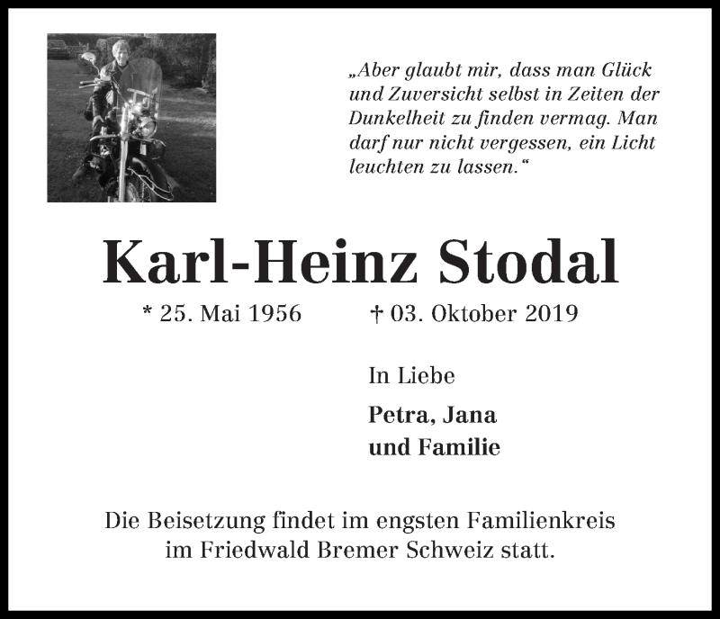  Traueranzeige für Karl-Heinz Stodal vom 12.10.2019 aus Osterholzer Kreisblatt