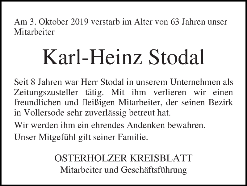  Traueranzeige für Karl-Heinz Stodal vom 12.10.2019 aus Osterholzer Kreisblatt