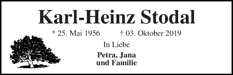  Traueranzeige für Karl-Heinz Stodal vom 12.10.2019 aus WESER-KURIER