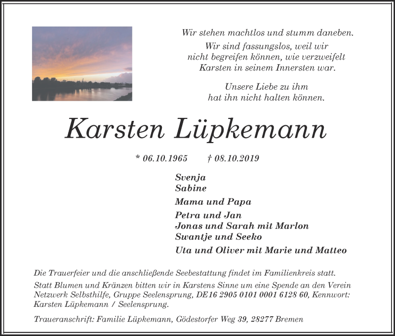  Traueranzeige für Karsten Lüpkemann vom 19.10.2019 aus WESER-KURIER