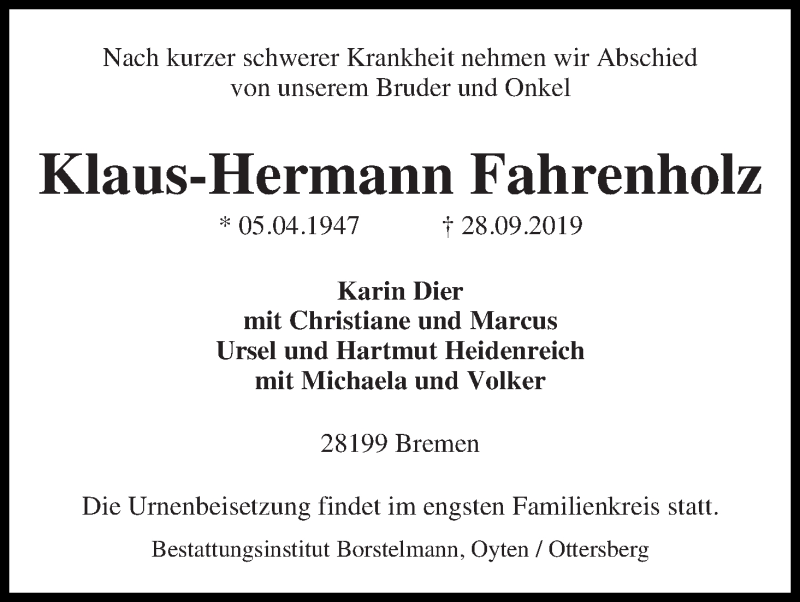  Traueranzeige für Klaus-Hermann Fahrenholz vom 05.10.2019 aus WESER-KURIER