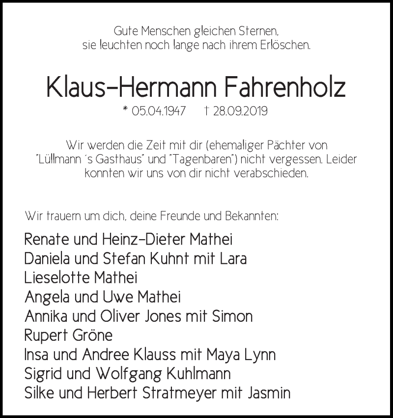  Traueranzeige für Klaus-Hermann Fahrenholz vom 09.10.2019 aus WESER-KURIER