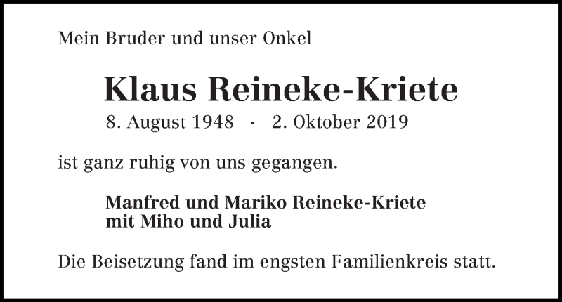 Traueranzeige von Klaus Reineke-Kriete von Osterholzer Kreisblatt
