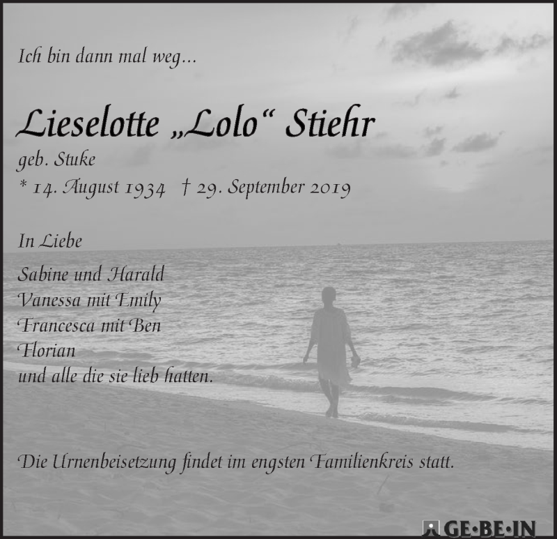  Traueranzeige für Lieselotte Stiehr vom 12.10.2019 aus WESER-KURIER
