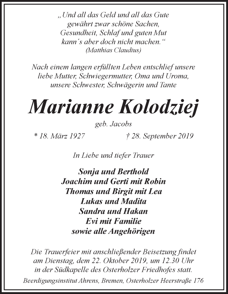  Traueranzeige für Marianne Kolodziej vom 05.10.2019 aus WESER-KURIER