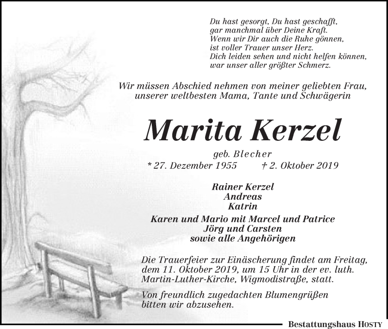  Traueranzeige für Marita Kerzel vom 09.10.2019 aus Die Norddeutsche