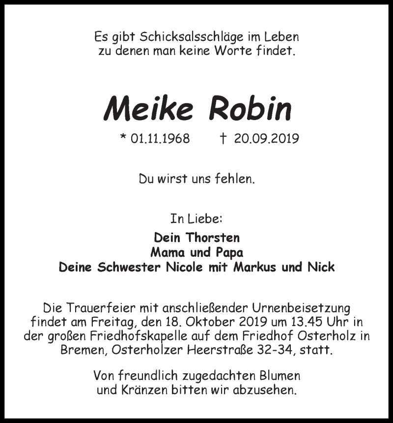  Traueranzeige für Meike Robin vom 05.10.2019 aus WESER-KURIER