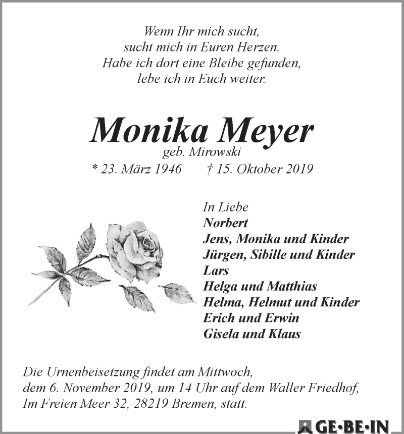  Traueranzeige für Monika Meyer vom 26.10.2019 aus WESER-KURIER